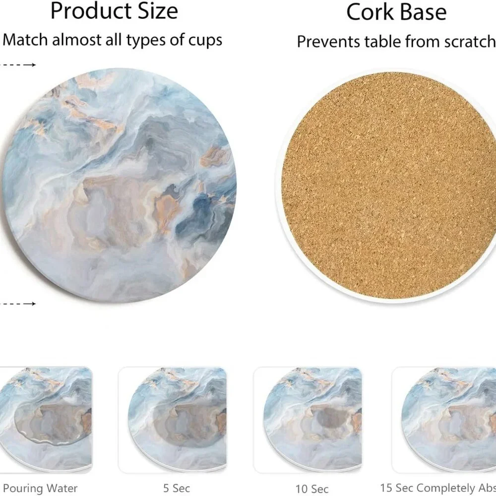 Set of 6 Abstract Blue Marble Coasters with Holder, Absorbent Ceramic Coasters f